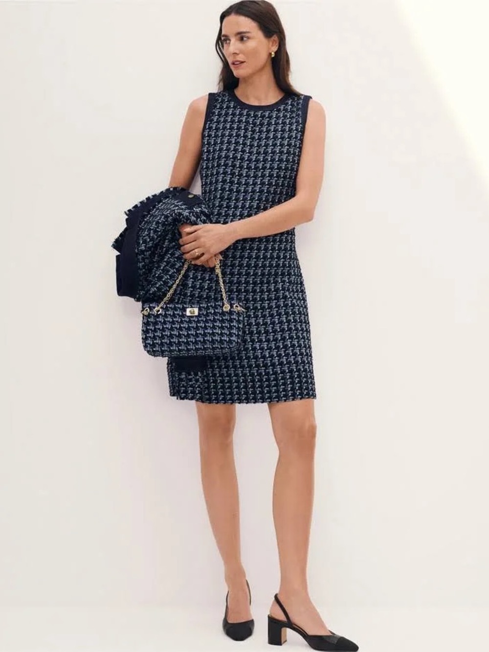 Ann Taylor Denim Trim Tweed Shift Dress 8P